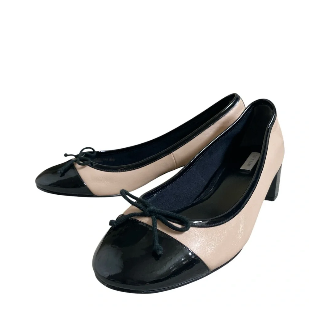 Cole Haan Leather Ballet Classic Patent Cap Toe Block Heel Black Cream Pump 8.5